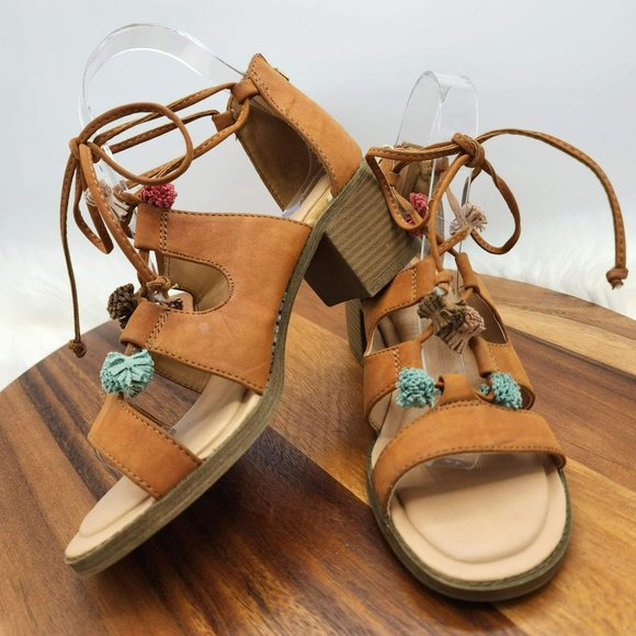 Maurices Ember Sandals 7 Camel Brown Zip Back Strappy Lace Up Tassel Stack Heel - Picture 12 of 13